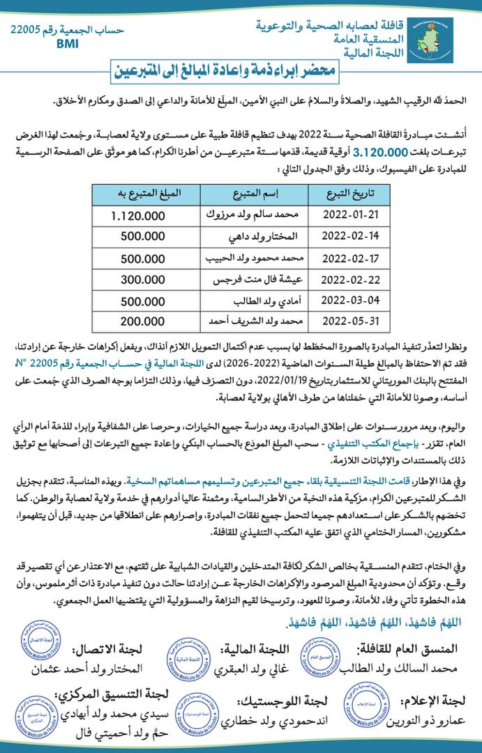 لجنة "قافلة لعصابة الصحية" تعلن إعادة التبرعات لأصحابها بعد تعذر تنفيذ المشروع