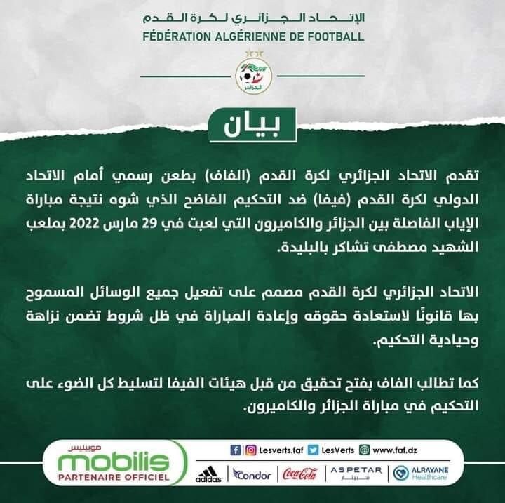 الجزائر: اتحاد كرة القدم يطلب رسميا إعادة مباراة الكاميرون