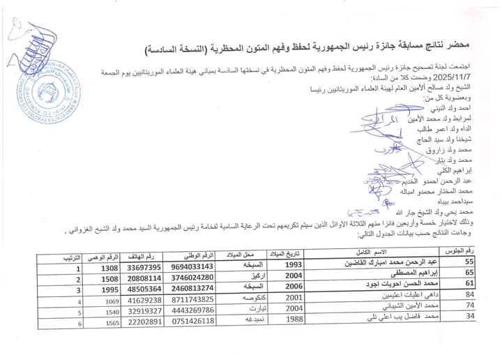 الإعلان عن نتائج "مسابقة جائزة رئيس الجمهورية لحفظ وفهم المتون المحظرية"