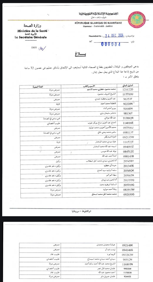 من بينهم أخصائيون وممرضون.. وزارة الصحة الموريتانية تنذر العشرات من موظفي القطاع للالتحاق بعملهم